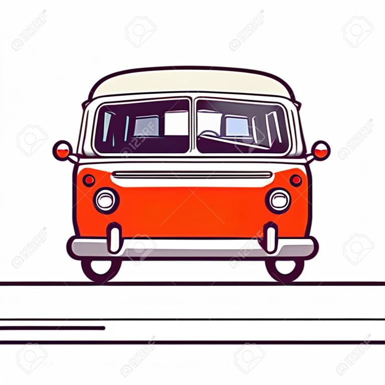 Oude stijl twee kleuren minivan. Vooraanzicht van rode retro hippie bus. Lijn stijl vector illustratie. Voertuig en transport banner. Retro stijl oude auto uit de jaren 60 of 70.