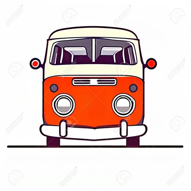 Oude stijl twee kleuren minivan. Vooraanzicht van rode retro hippie bus. Lijn stijl vector illustratie. Voertuig en transport banner. Retro stijl oude auto uit de jaren 60 of 70.