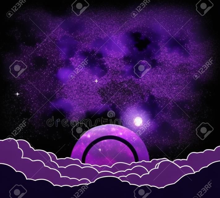 Purple night sky with stars, clouds and moon. Astrology, religion, astronomy. Landscape of the galaxy. Vector illustration.