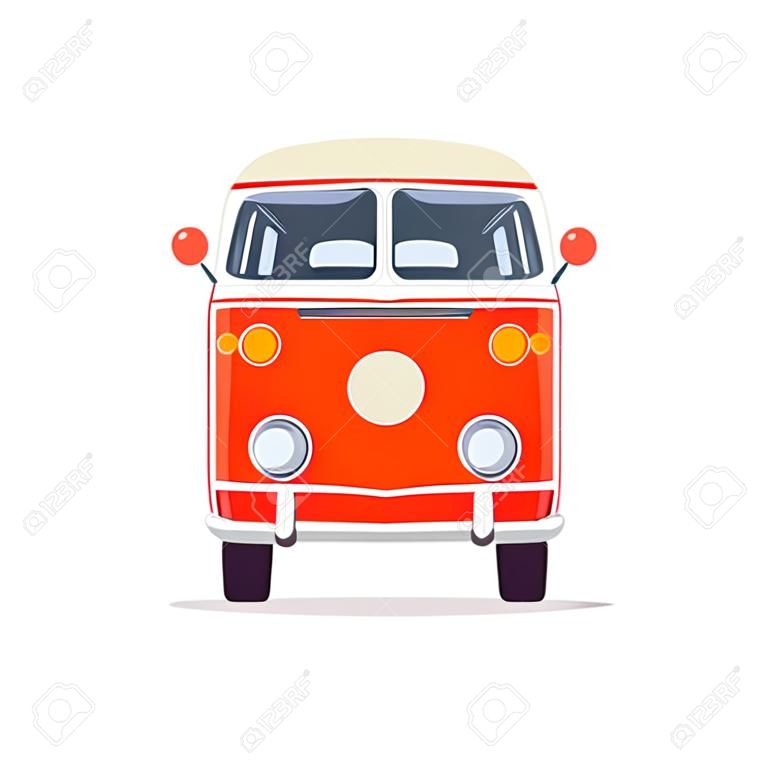 Old style two colors minivan. Front view of red retro hippie bus. Line style vector illustration. Vehicle and transport banner. Retro style old car from 60s or 70s.