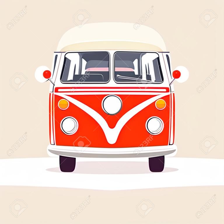 Old style two colors minivan. Front view of red retro hippie bus. Line style vector illustration. Vehicle and transport banner. Retro style old car from 60s or 70s.