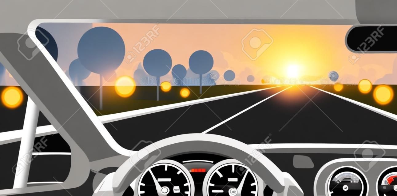 Car interior. Modern car interior with steering wheel and hands. Highway to hill, with rising sun and clouds on background. Speedometer and safe journey vector illustration. Ray of lights and nature. 