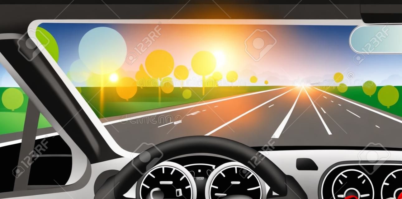 Car interior. Modern car interior with steering wheel and hands. Highway to hill, with rising sun and clouds on background. Speedometer and safe journey vector illustration. Ray of lights and nature. 