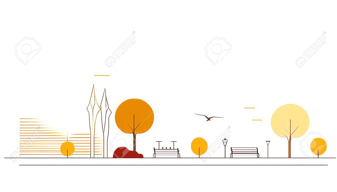 Autumn park. City park bench, lawn and trees. Flat style thin line vector illustration. Yellow park in center of town. Parks and recreation concept. Yellow trees and line style bench.