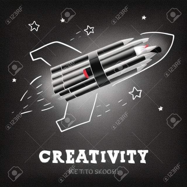 Aprendizagem da criatividade. Lançamento do foguete com lápis - esboço no quadro-negro, imagem vetorial.