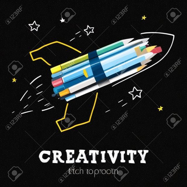Creativity learning. Rocket ship launch with pencils - sketch on the blackboard, vector image.