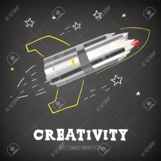 Творчество обучения. Запуск корабля Ракета с карандашами - эскиз на доске, векторное изображение.