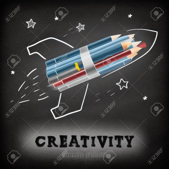 Creativity learning. Rocket ship launch with pencils - sketch on the blackboard, vector image.