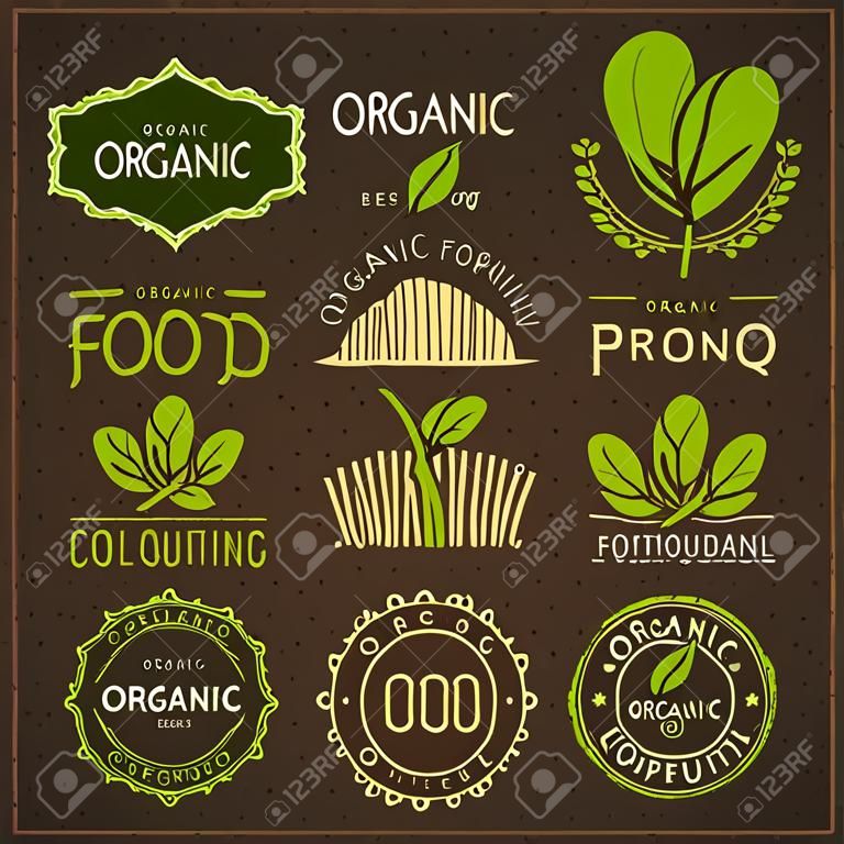 Bioélelmiszerek címkék és elemek, beállított étel és ital, éttermek és biotermékek vektoros illusztráció.