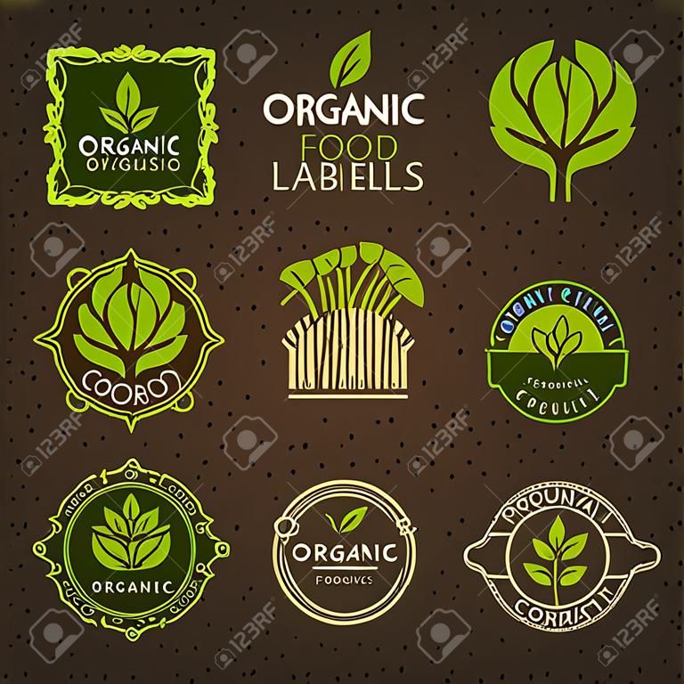 Biologische voedseletiketten en elementen, set voor voedsel en drank, restaurants en biologische producten vector illustratie.