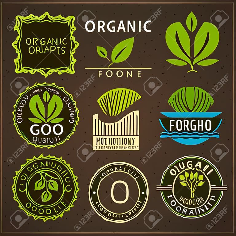 Organiczne etykietach żywności oraz elementy, zestaw do jedzenia i picia, restauracji i produkty organiczne ilustracji wektorowych.