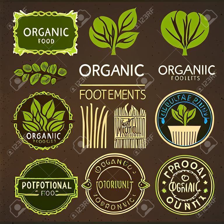 Bio-Lebensmittel-Etiketten und Elemente, für Essen und Trinken, Restaurants und Bio-Produkte Vektor-Illustration festgelegt.