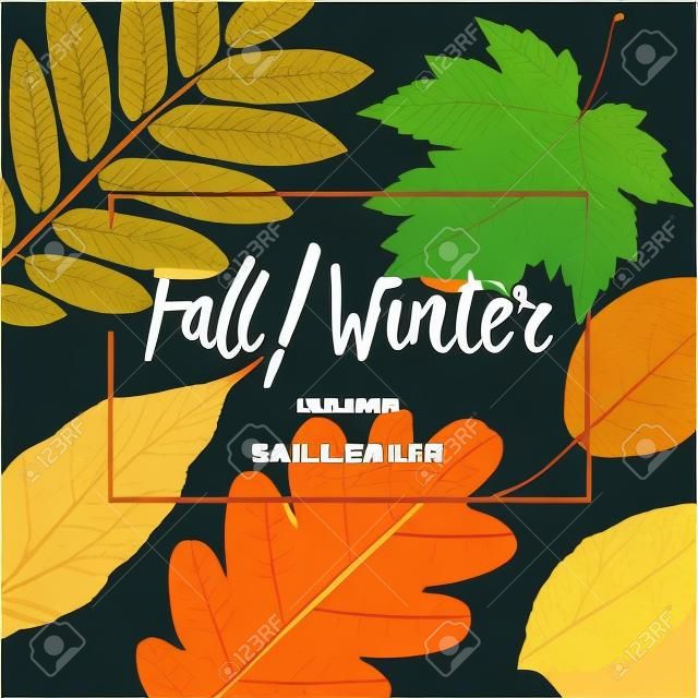 Fall Winter sale poster with leaves background and simple text, vector illustration.