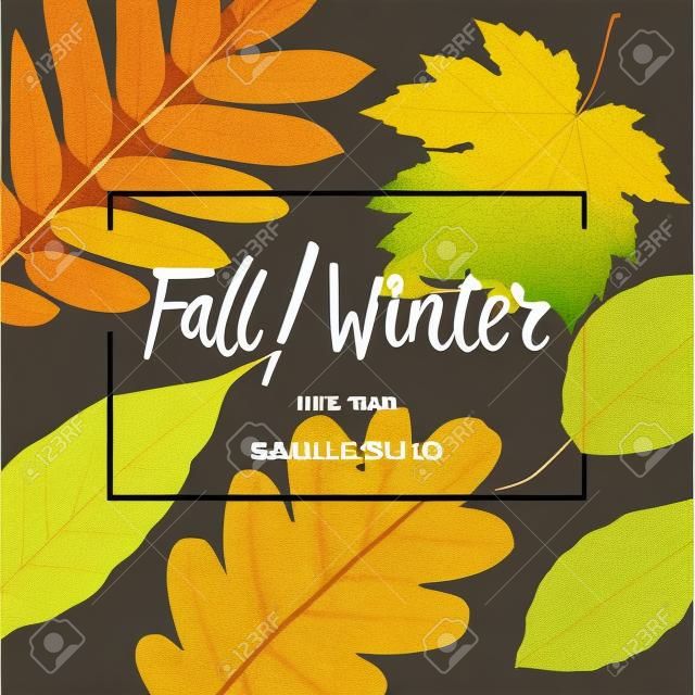 秋冬銷售海報與葉背景和簡單的文本，矢量插圖。