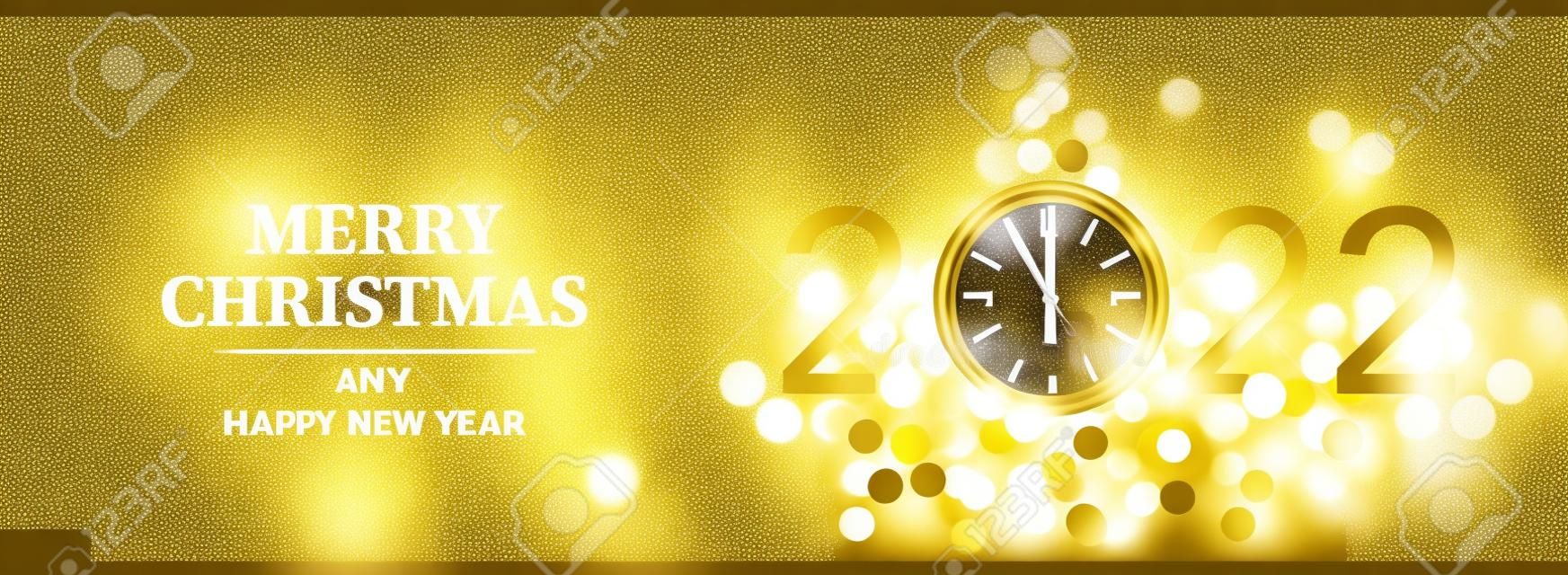 Buon Natale e felice anno nuovo 2022 - Sfondo splendente con orologio d'oro e albero di Natale scintilla effetto bokeh sfocato, illustrazione vettoriale