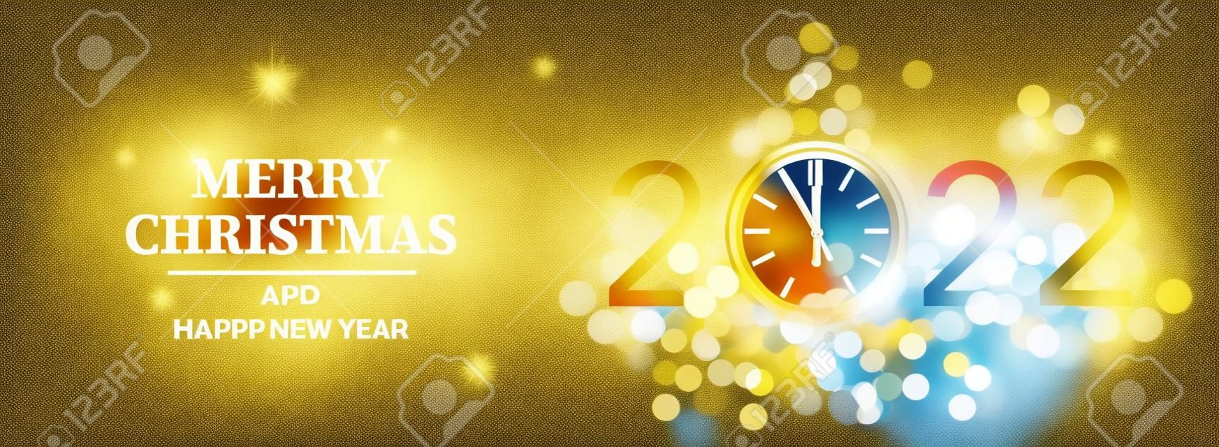 Merry Christmas and Happy New Year 2022 - Shining background with gold clock and Christmas tree sparkle blur bokeh effect, vector illustration