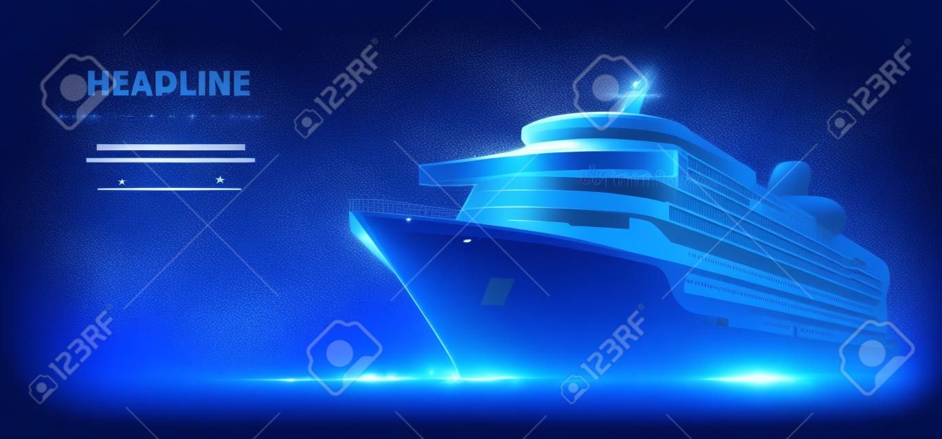 Ship. Abstract vector luxury ruise liner ship on dark blue night sky background with dots, stars. Recreation, ocean travel, comfort relax, success symbol. Sea tourism, holyday vacation concept