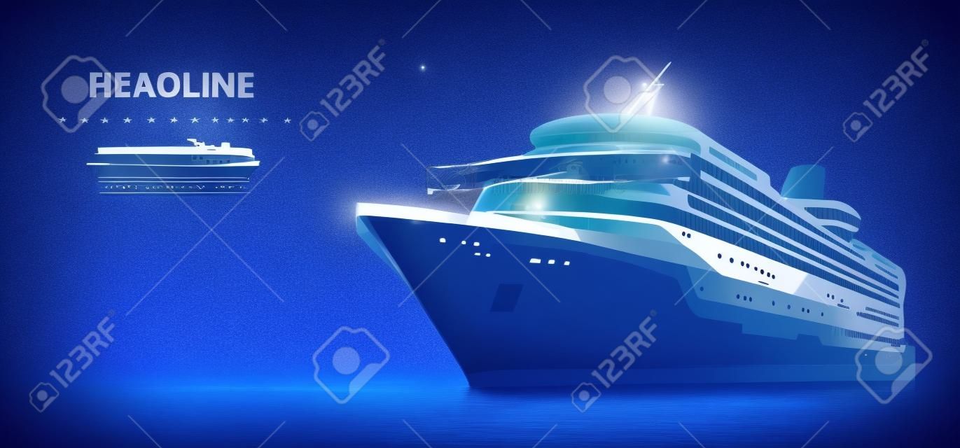 Ship. Abstract vector luxury ruise liner ship on dark blue night sky background with dots, stars. Recreation, ocean travel, comfort relax, success symbol. Sea tourism, holyday vacation concept