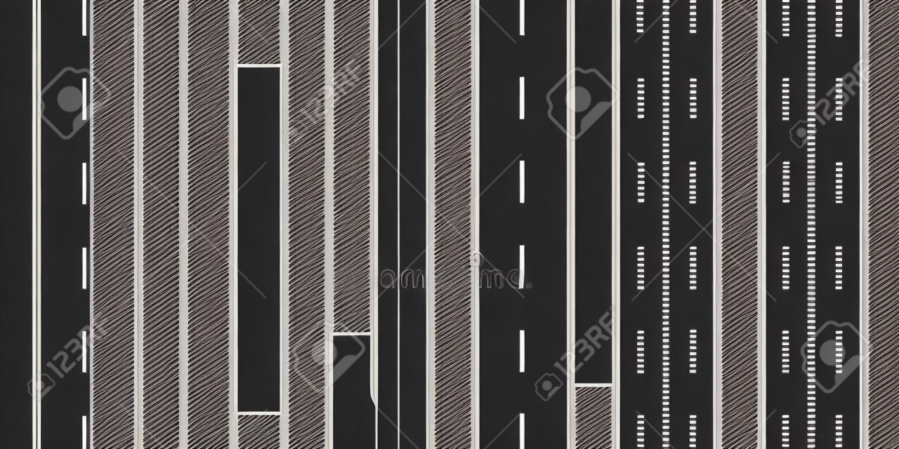 Carretera, calle con asfalto. Highway.Direction, juego de transporte. Ilustración de vector.
