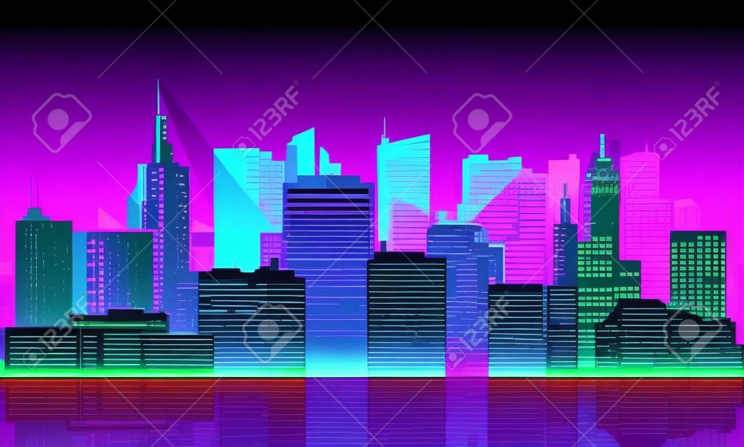 色と明るい夜の街並み。ネオンライトで照らされた大きな夜の街のパノラマのベクトルイラスト。サイバーパンクとレトロな波風のイラスト。