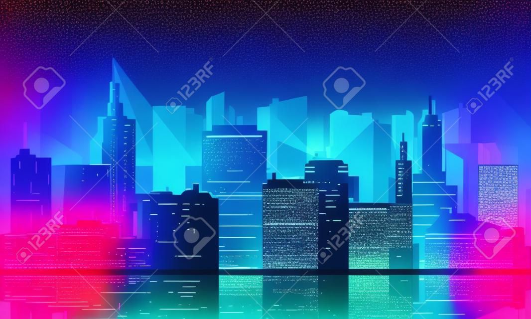 Colored and bright night cityscape. Vector illustration of a panorama of a large night city illuminated by neon lights. Cyberpunk and retro wave style illustration.