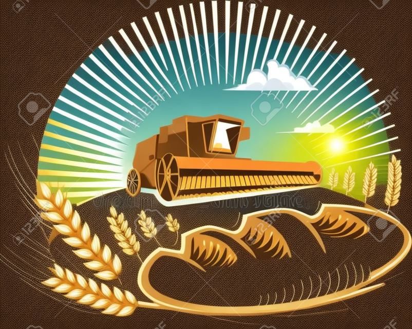 Pan con trigo y cosechadora en un campo. Ilustración vectorial de la forma de grabado. Imagen se puede utilizar para diseñar etiquetas y embalajes.