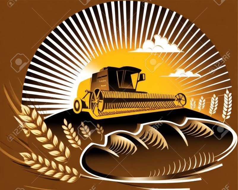 Pan con trigo y cosechadora en un campo. Ilustración vectorial de la forma de grabado. Imagen se puede utilizar para diseñar etiquetas y embalajes.