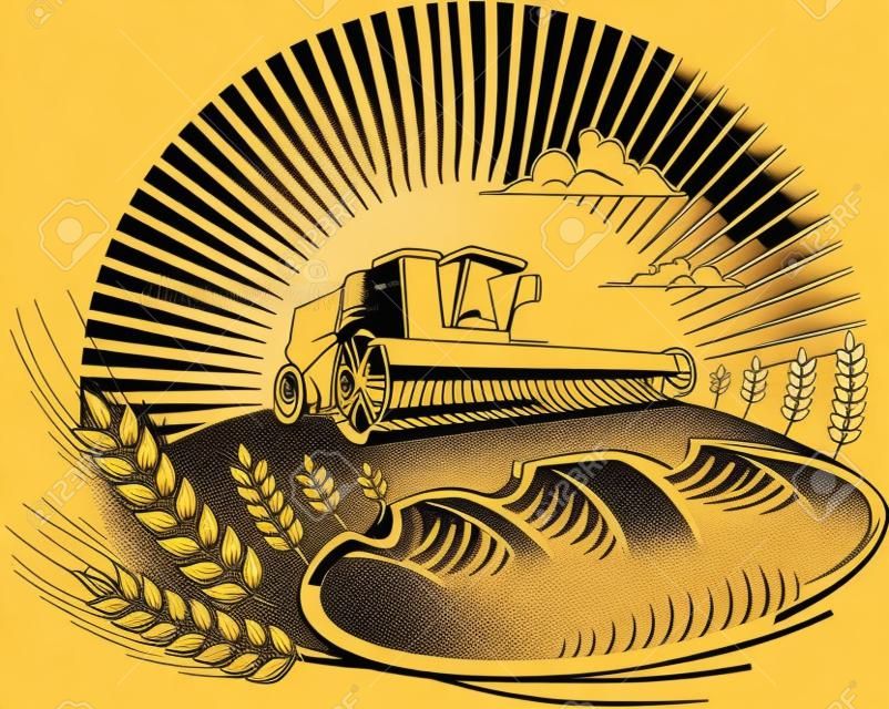 Хлеб с пшеницей и зерноуборочных комбайнов в поле. Векторные иллюстрации в гравюре образом. Изображение может быть использован для дизайна этикетки и упаковки.