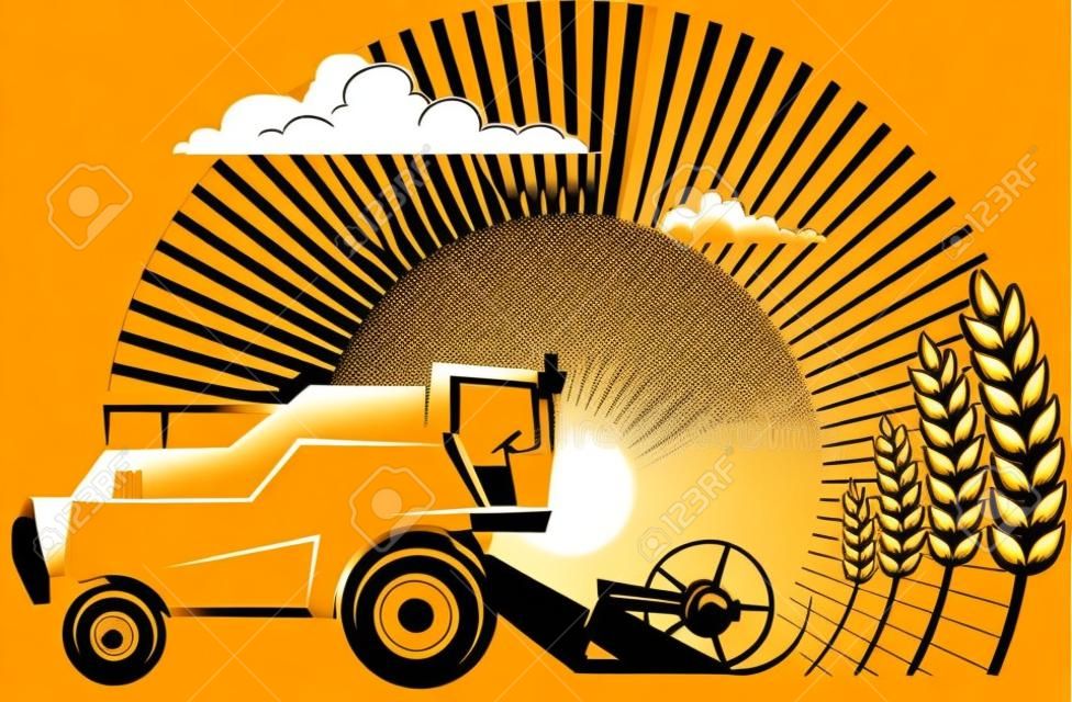 Зерноуборочный комбайн на пшеничном поле против ВС Векторная иллюстрация в стиле гравюры. Изображение может быть использован для дизайна этикетки и упаковки.