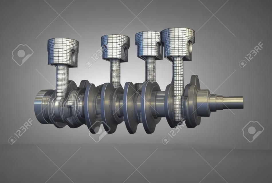 3d illustration of crankshaft with engine pistons