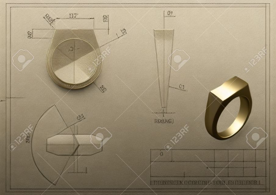 Ilustración 3D del anillo de sello sobre el dibujo de ingeniería