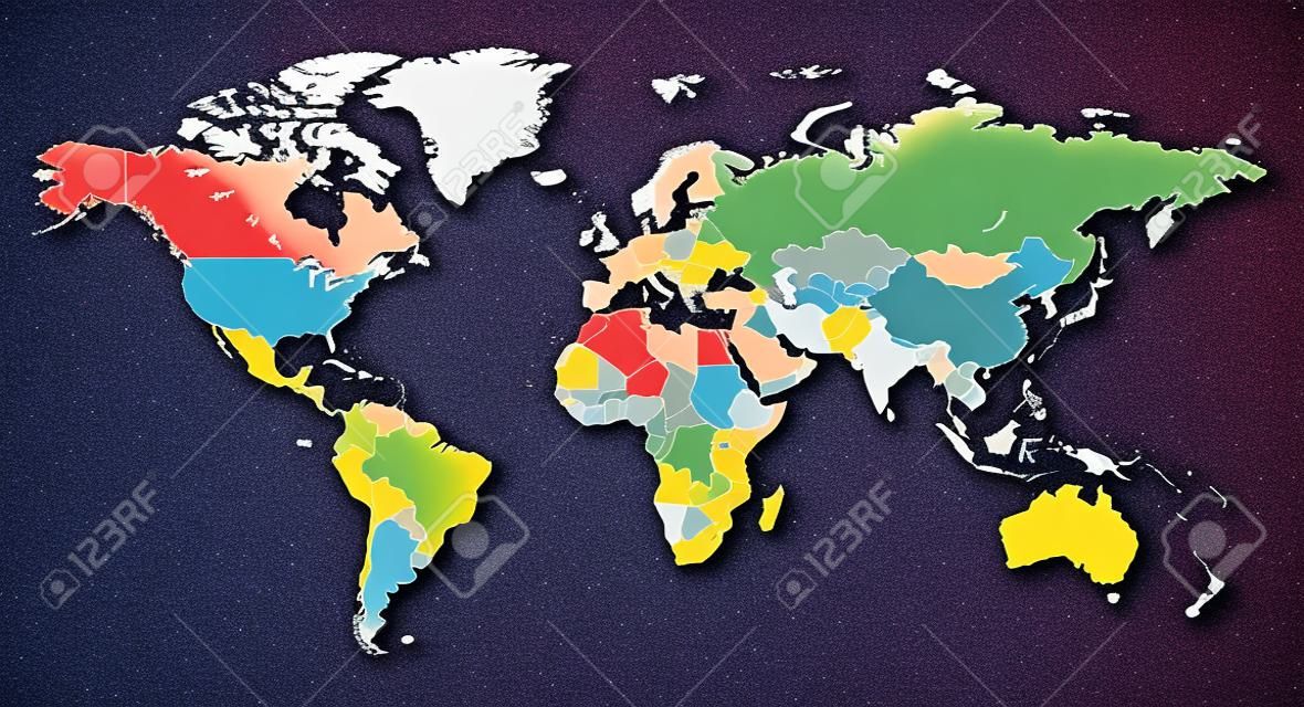 Detailed world map with countries. Colored in various colors: from red on equator to deep blue near poles. Vector illustration.