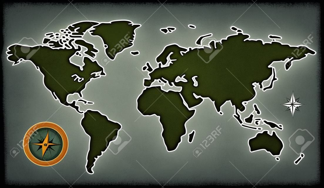 Retro-styled la mappa mondiale con bussola e Rosa dei Venti. Vector illustration.