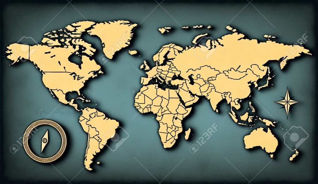 Retro-styled la mappa mondiale con bussola e Rosa dei Venti. Vector illustration.