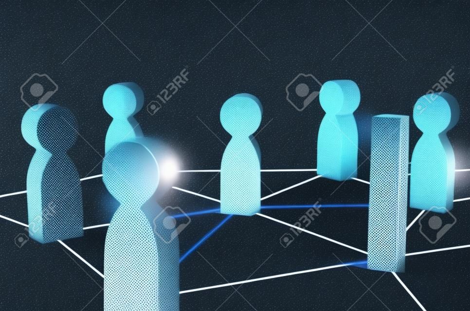 Le persone sono collegate da una rete di linee grigie. Comunicazione e social network. Cooperazione e collaborazione. Gestione del personale di progetto e di direzione. Etica aziendale, pubbliche relazioni