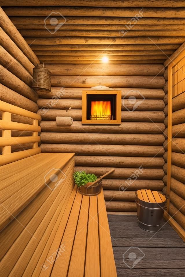 Traditional Russian log sauna with wooden benches, thermometer, lamp and window with wooden bucket and bathing broom on bench