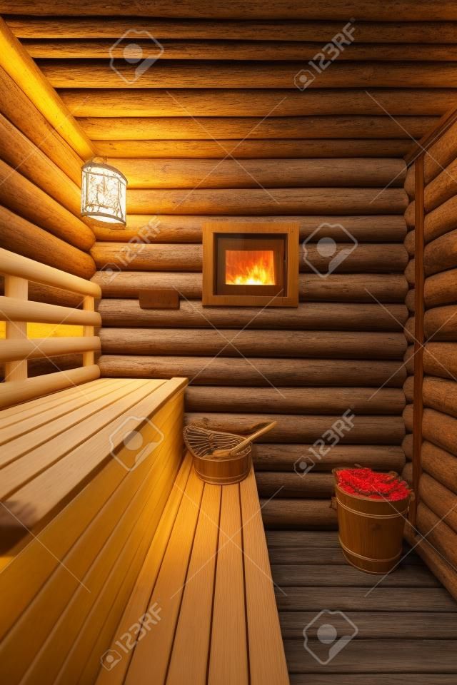 Tradicional sauna rusa con el registro de bancos de madera, termómetro, la lámpara y la ventana con cuchara de madera y baño de escoba en el banco