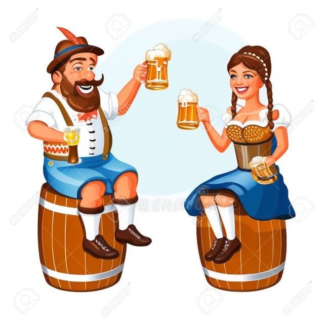 Cartoon Bawarski m ?? czyzna i kobieta z piwa, kie? Basa i precel i siedzi na beczkach piwo. Oktoberfest ilustracji, EPS 10 na białym tle