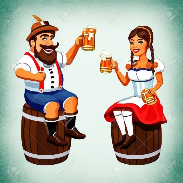 Bayerischer Mann und Frau der Karikatur mit dem Bier, Wurst und Brezel, die auf Bierfässer sitzen. Oktoberfest-Illustration, ENV 10 auf weißem Hintergrund