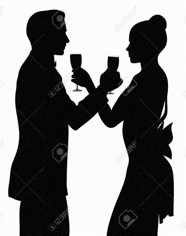 couple silhouette romantica condivisione bicchiere di champagne isolato su bianco
