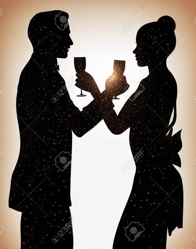 couple silhouette romantica condivisione bicchiere di champagne isolato su bianco