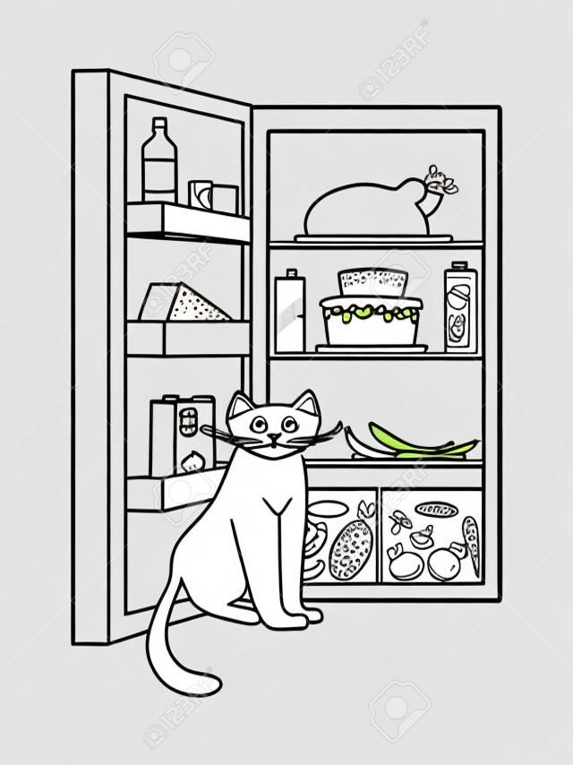 Vector illustration of black and white cat contour with food and drink fridge background. Coloring book hand drawn template