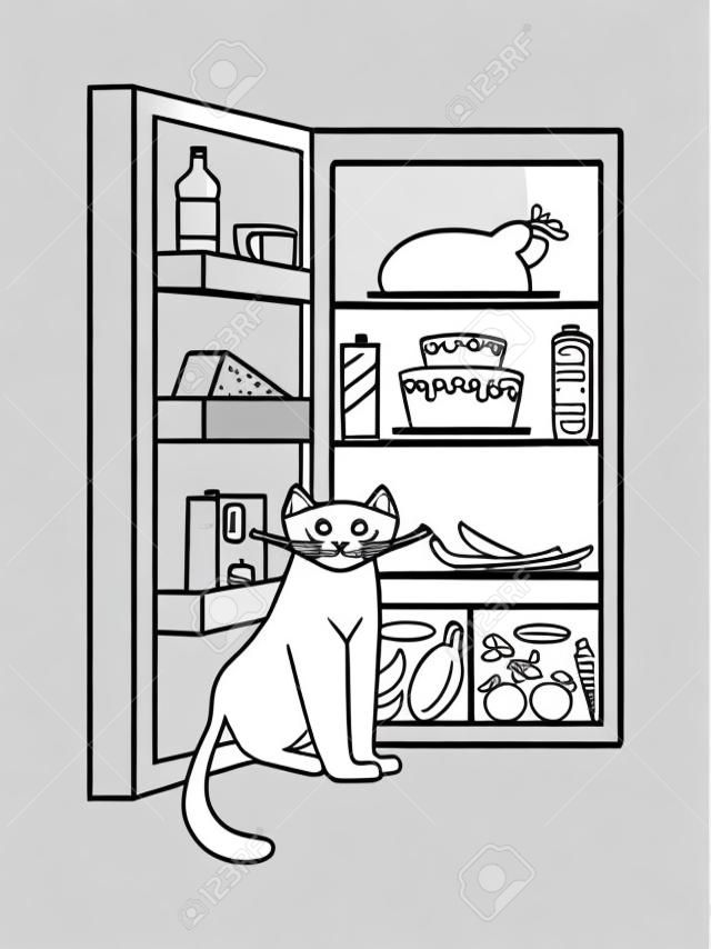 Vector illustration of black and white cat contour with food and drink fridge background. Coloring book hand drawn template