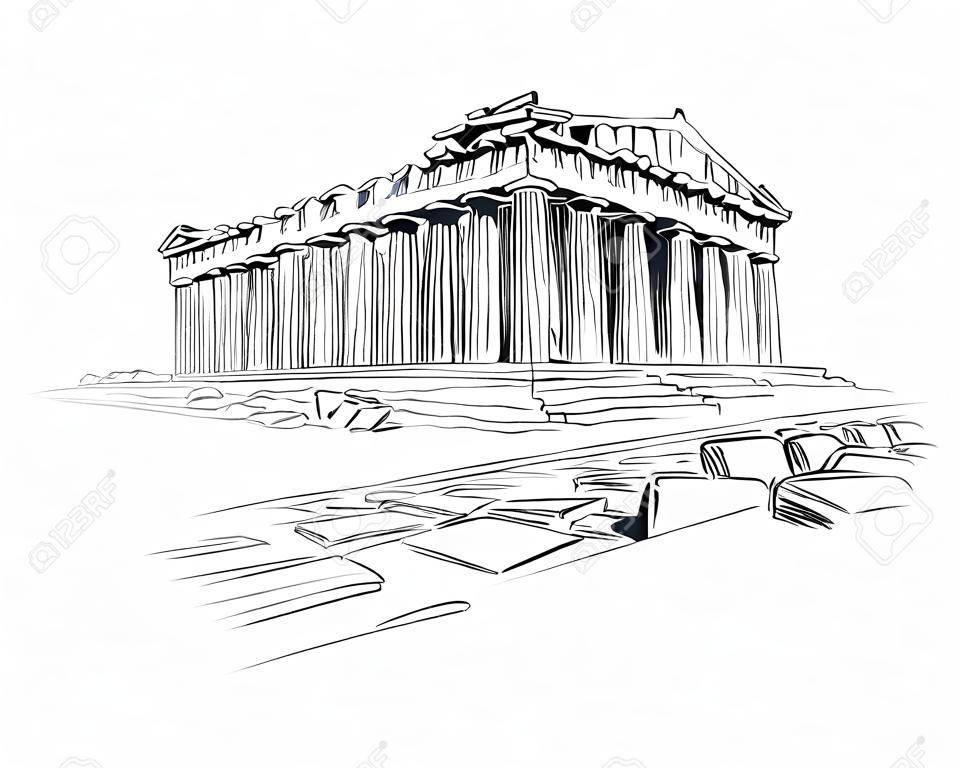 Acrópole de Atenas. O Partenon. Atenas. Grécia. Europa. Desenho desenhado à mão. Ilustração vetorial.
