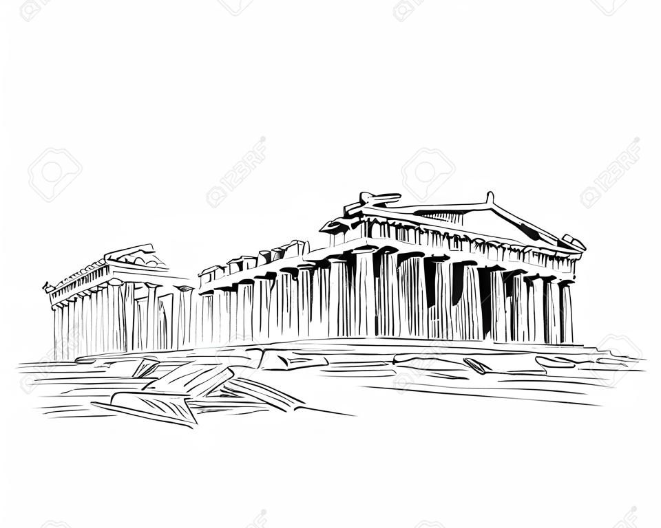 Acropoli di Atene. Il Partenone. Atene. Grecia. Europa. Schizzo disegnato a mano Illustrazione vettoriale