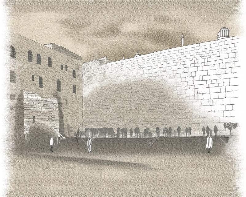 イスラエル。エルサレム。涙の壁。手描きのスケッチ。ベクターの図。