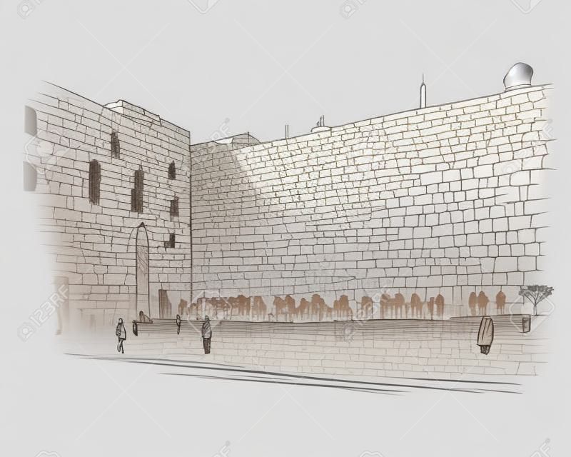 Израиль. Иерусалим. Стена слез. Ручной обращается эскиз. Векторная иллюстрация.