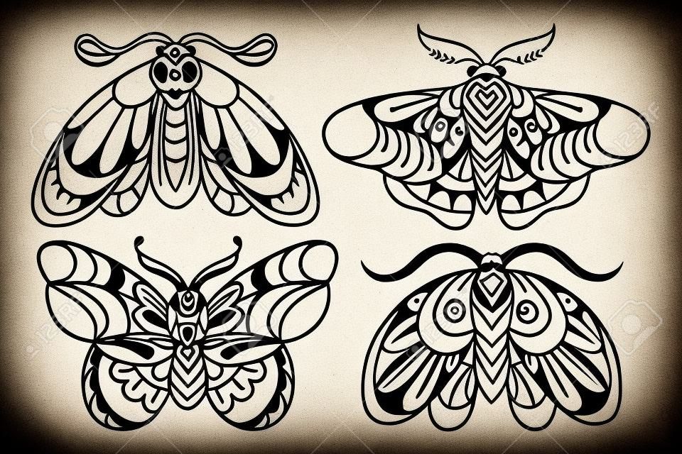 Main de papillon dessinant le tatouage de la vieille école. Élément de design pour affiche, carte, bannière.