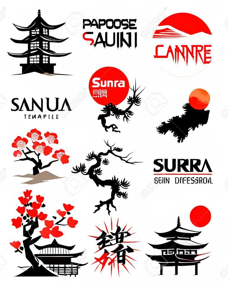 Plantillas de logotipo con paisajes de Asia, edificios y ramas de sakura florecientes en estilo tradicional japonés sumi-e. Vector de señal para el diseño