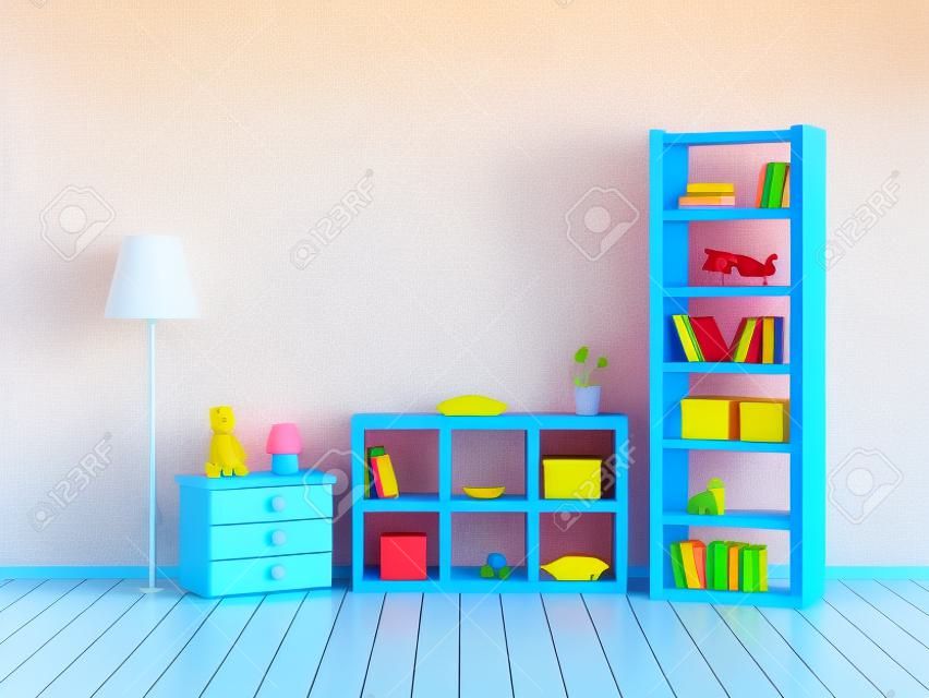 camera dei bambini con librerie con i giocattoli a parete arancione. illustrazione 3D